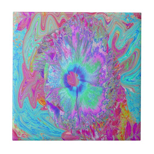 Carreau Psychédélique rétro arc-en-ciel bleu Hibiscus (Devant)