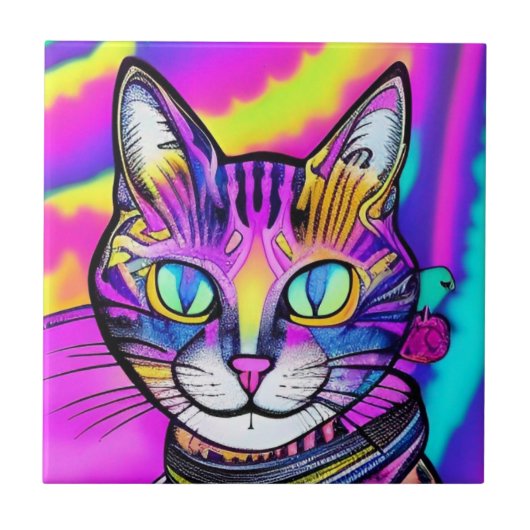 Carreau Psychédélique sourire chat coloré violet fuchsia (Devant)