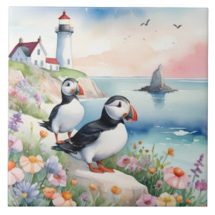 Carreau Puffins by the Sea - Ocean Flowers & Lighthouse