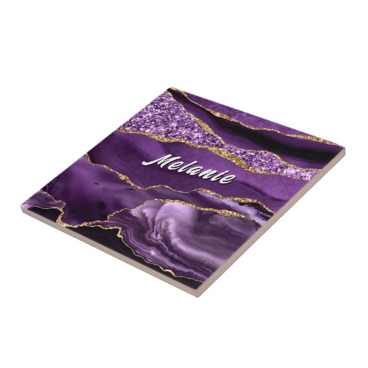 Carreau  Purple Gold Glitter Ceramic Tile Gift Custom Name (Côté)