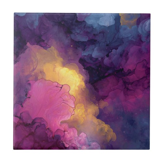 Carreau Purple Magenta Gold Alcohol Ink Nebula Flow (Devant)