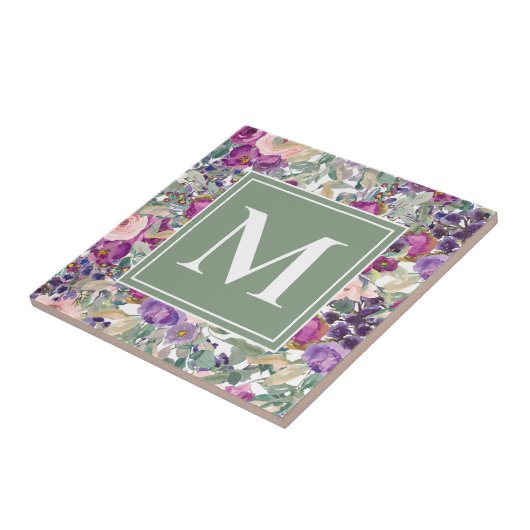Carreau Purple Rose Sauge Vert Fleurs Boho Monogramme   (Côté)