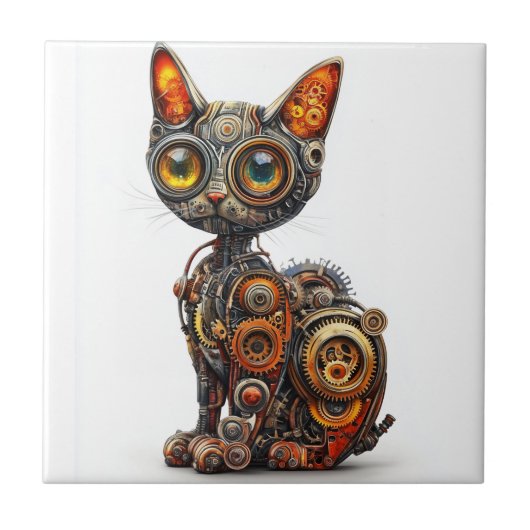 Carreau Purr à la Vapeur � Chat Robot Steampunk (Devant)