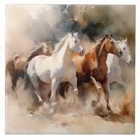 “Quatre Mustangs au Galop” Aquarelle poussiéreuse
