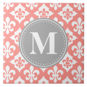 Carreau Quatrefoil Fleur-De-Lis Coral Gris Rose Monogramme