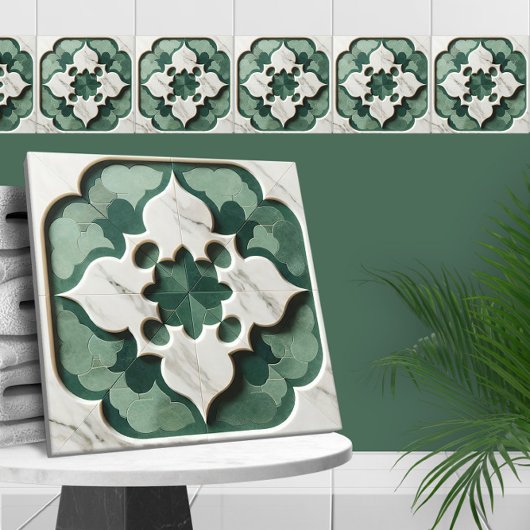 Carreau Quatrefoil marocain Vert et Marbre blanc