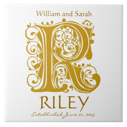 Carreau R Monogramme or sur blanc - Noms Mariage Date Tile (Devant)
