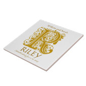 Carreau R Monogramme or sur blanc - Noms Mariage Date Tile (Côté)
