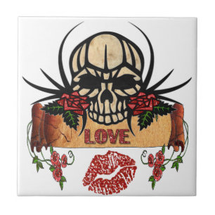 Carreau RAB Rockabilly Crâne Roses Amour Rouge à lèvres