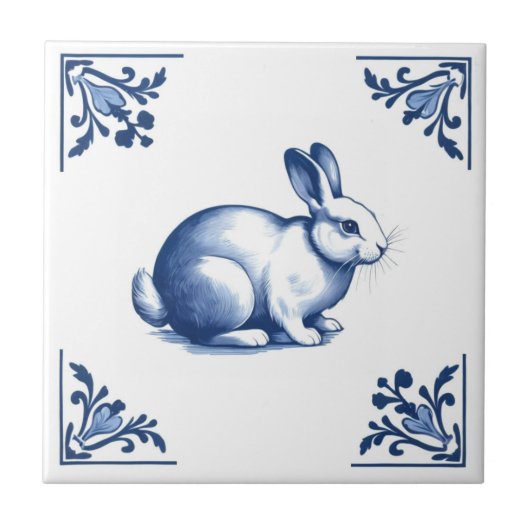 Carreau Rabbit avec des angles floraux bleus et blancs (Devant)