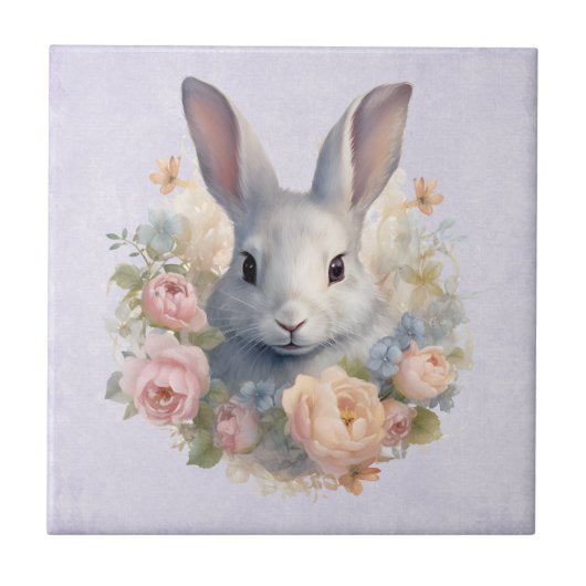Carreau Rabbit Surrounded by Pastel Flowers Cute (Devant)