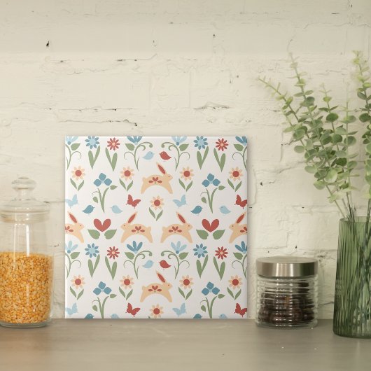 Carreau Rabbits Fleur sauvage Motif d'art populaire
