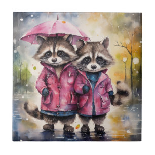 Carreau Raton laveurs mignons sous la pluie