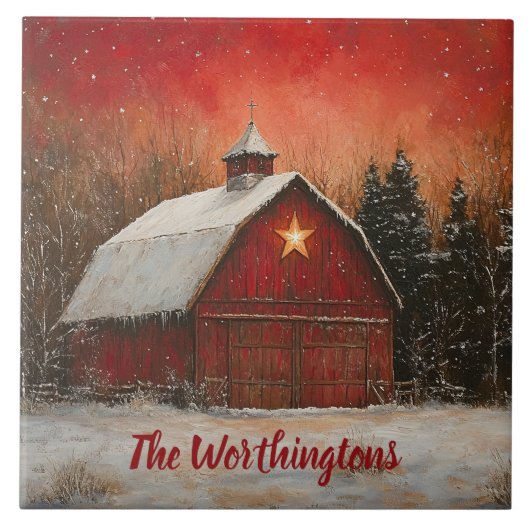 Carreau Red Barn & Snow Orange Winter Sunset Farmhouse  (Devant)