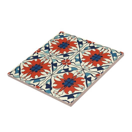 Carreau Red Blue and Off White Pattern Ceramic Tile (Côté)