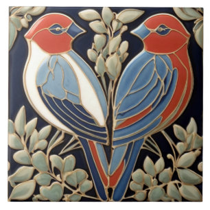 Carreau Red Blue Bird Couple - Art Nouveau Art Déco Birds