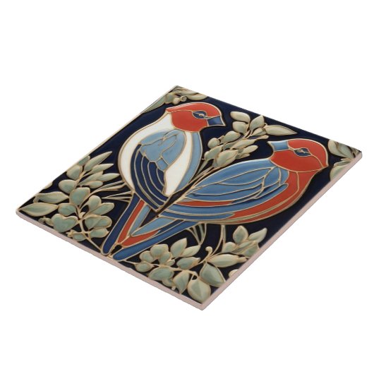 Carreau Red Blue Bird Couple - Art Nouveau Art Déco Birds (Côté)