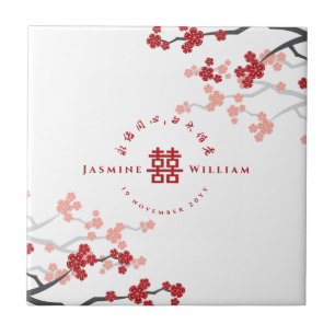 Carreau Red Cherry Blossoms Double Xi cadeau Mariage chino