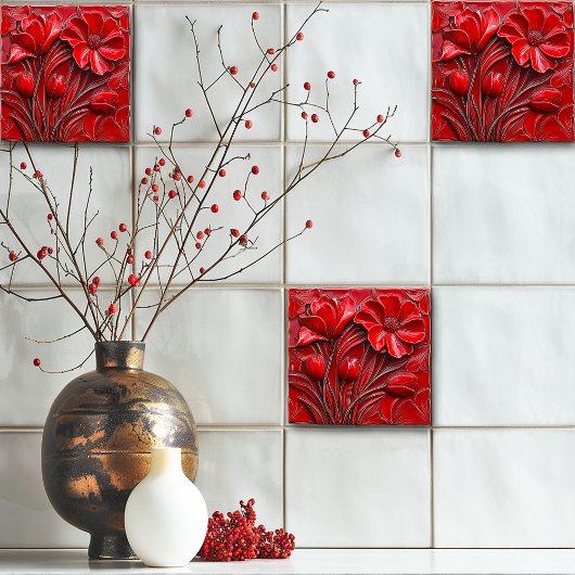 Carreau Red Flowers Ceramic Tile