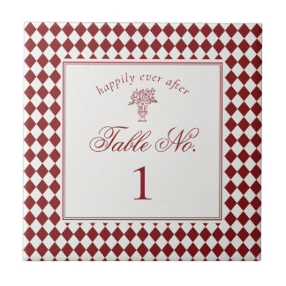 Carreau Red Merlot Harlequin Checker Wedding Table Number