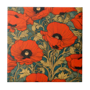 Carreau Red Poppies Art Nouveau Motif