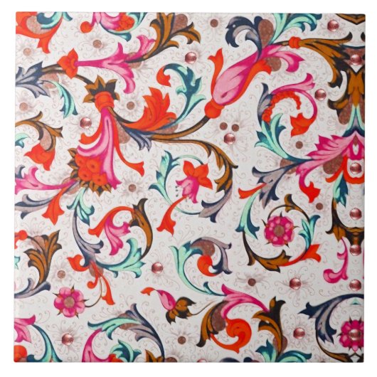 CARREAU RENAISSANCE FLORENTINE ROUGE TOURBILLONS FLORAUX, (Devant)