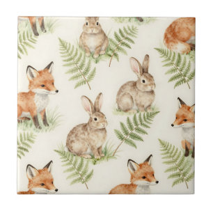 Carreau Renard et Lapin de forêt motif à l'aquarelle