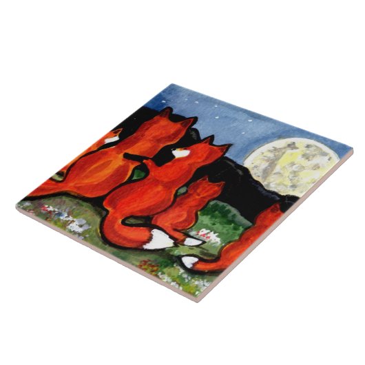 Carreau Renard Famille Regarder Lune Bleu foncé Trivet de  (Côté)