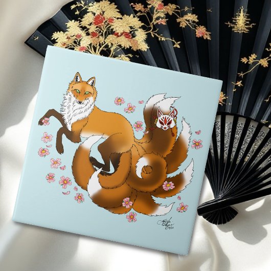 Carreau Renard Kitsune Fantaisiste Fleurs de Cerisier Bleu
