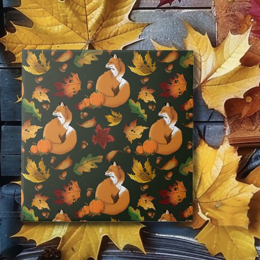 Carreau Renard roux Feuilles d'automne Glands Motif vert