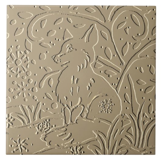 Carreau Renard Tan Beige Embossé Bois Foliage Hiver (Devant)