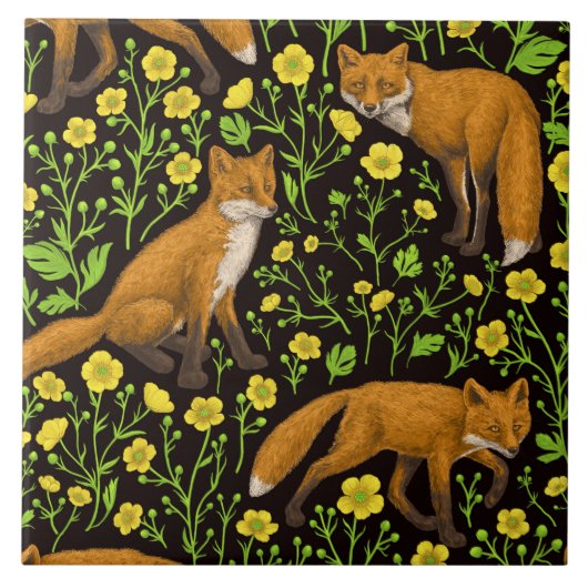Carreau Renards et papillons sur le noir (Devant)