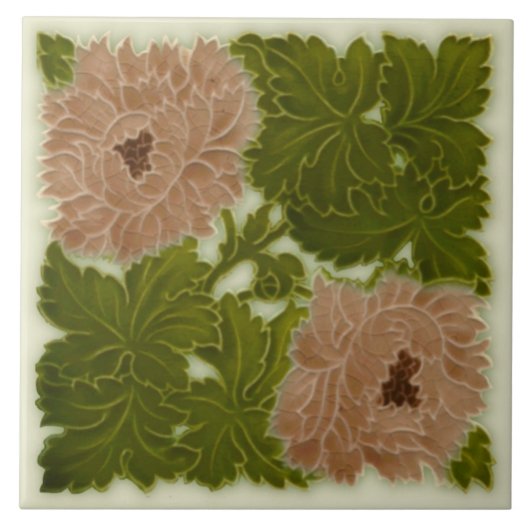 Carreau Repro de tuile rose et verte de Minton Peony 1896 (Devant)