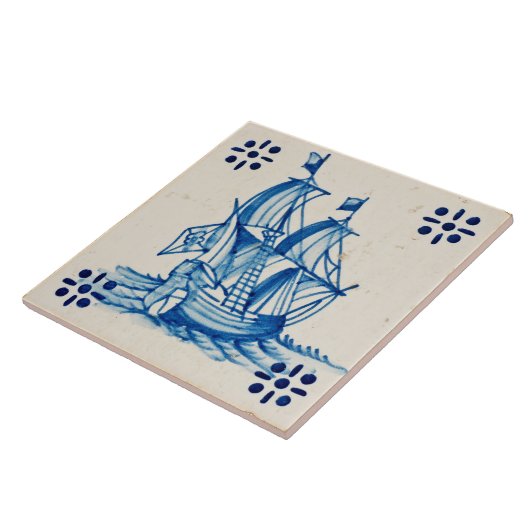 Carreau Repro Deftware Sail Ship Blue Delft Tile (Côté)