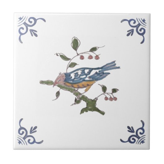 Carreau Repro Delft Bird sur Branche avec Berries sur Carr (Devant)