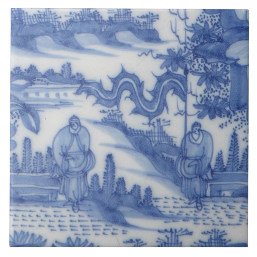 Carreau Repro Delft Tile Chinoiserie Découpage Bleu Blanc (Devant)