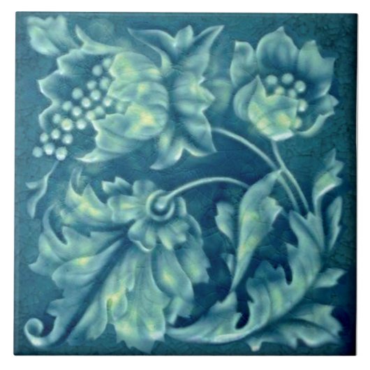 Carreau Repro Faux Relief Pacock Aqua Majolica Floral (Devant)