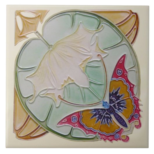 Carreau Repro Rare Belge Art Nouveau Butterfly Floral (Devant)