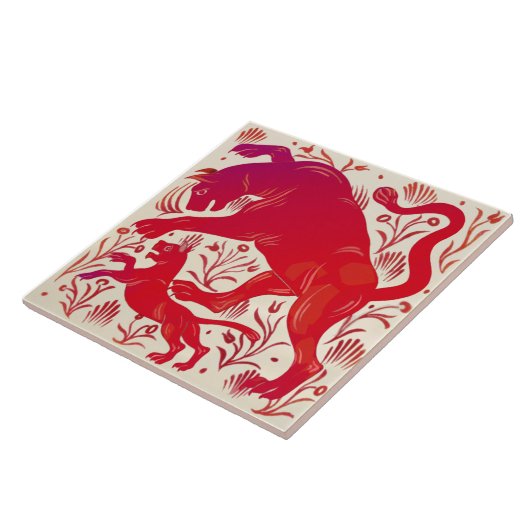 Carreau Repro Wm De Morgan Ruby Luster Cats (Panthers?) HP (Côté)