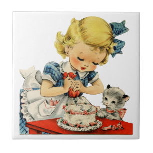 Carreau Rétro Anniversaire Fille Cake Cat Enfants Artwork