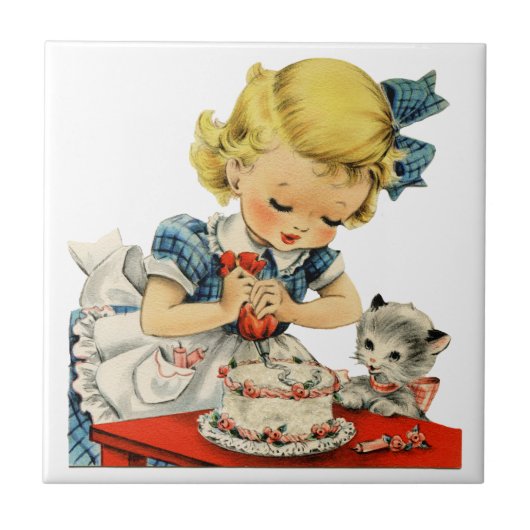 Carreau Rétro Anniversaire Fille Cake Cat Enfants Artwork (Devant)