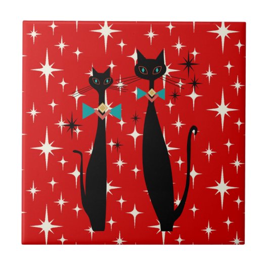 Carreau Retro Atomique Moyen Siècle Moderne MCM Chat noir (Devant)