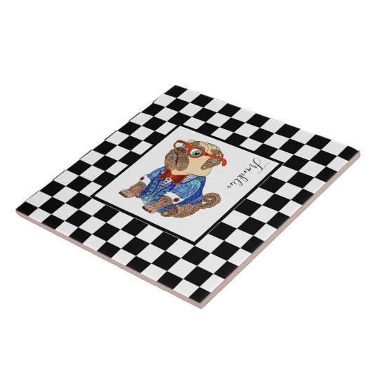 Carreau Retro B&W damier, carlin hipster, personnalisation (Côté)