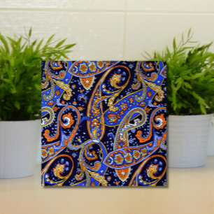 Carreau Retro Paisley Motif Bleu Blanc Orange Coloré