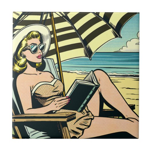 Carreau Retro Pop Art Lady sur la plage (Devant)