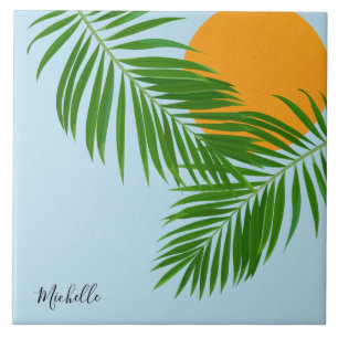 Carreau Retro Tropical Sun Palm Feuille Blue Minimal Nom