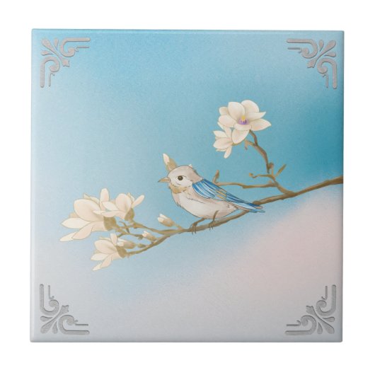 Carreau Retro WhiteBlue Bird and Bloom Art (Devant)