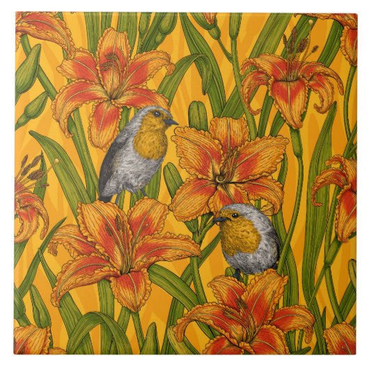 Carreau Robins et fleurs de lys, orange et vert (Devant)