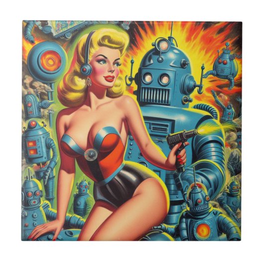 Carreau Robot vintage Sci-Fi Pin-up (Devant)