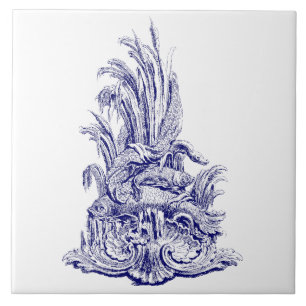 Carreau Rococo Baroque Bleu & Blanc Fontaine de poisson Ro
